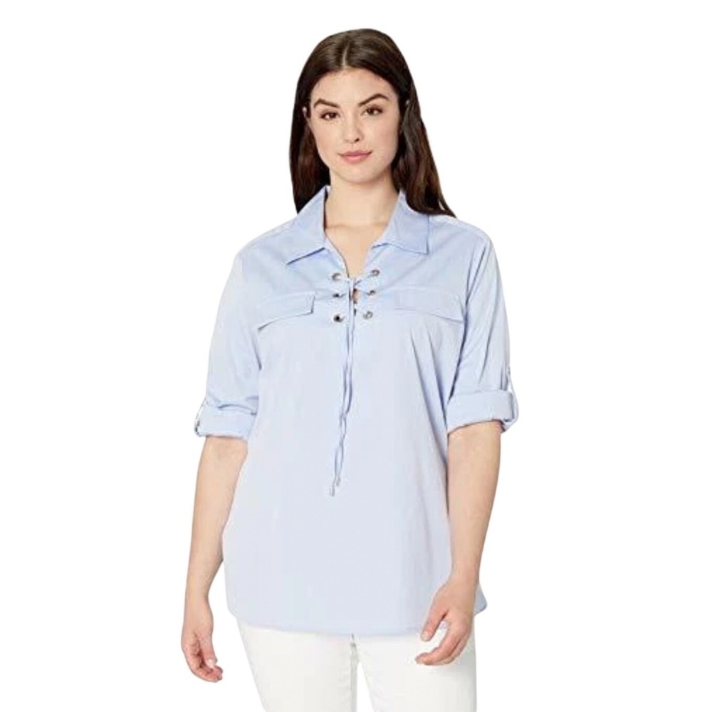 Calvin Klein Womens Light Blue Lace Upā Grommet Tunic Shirt Roll Tab M M7VA0607